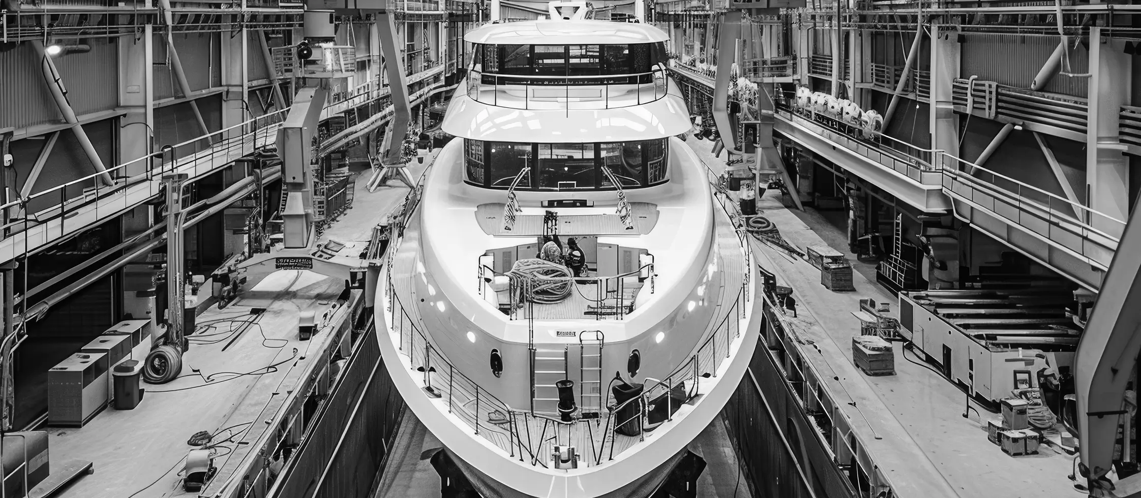 Large superyacht under construction inside a shipyard dry dock, showing the bow, deck equipment, and build process; ideal visual for articles about superyacht new-build legal oversight, yacht construction contracts, and owner representation during the build phase.