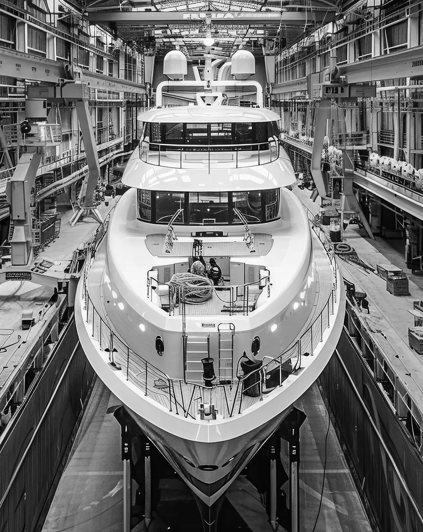 Superyacht under construction inside a modern shipyard, showing the vessel’s bow, engineering work, and technical crew, reflecting Teji | Cowie’s expertise in new-build project oversight.