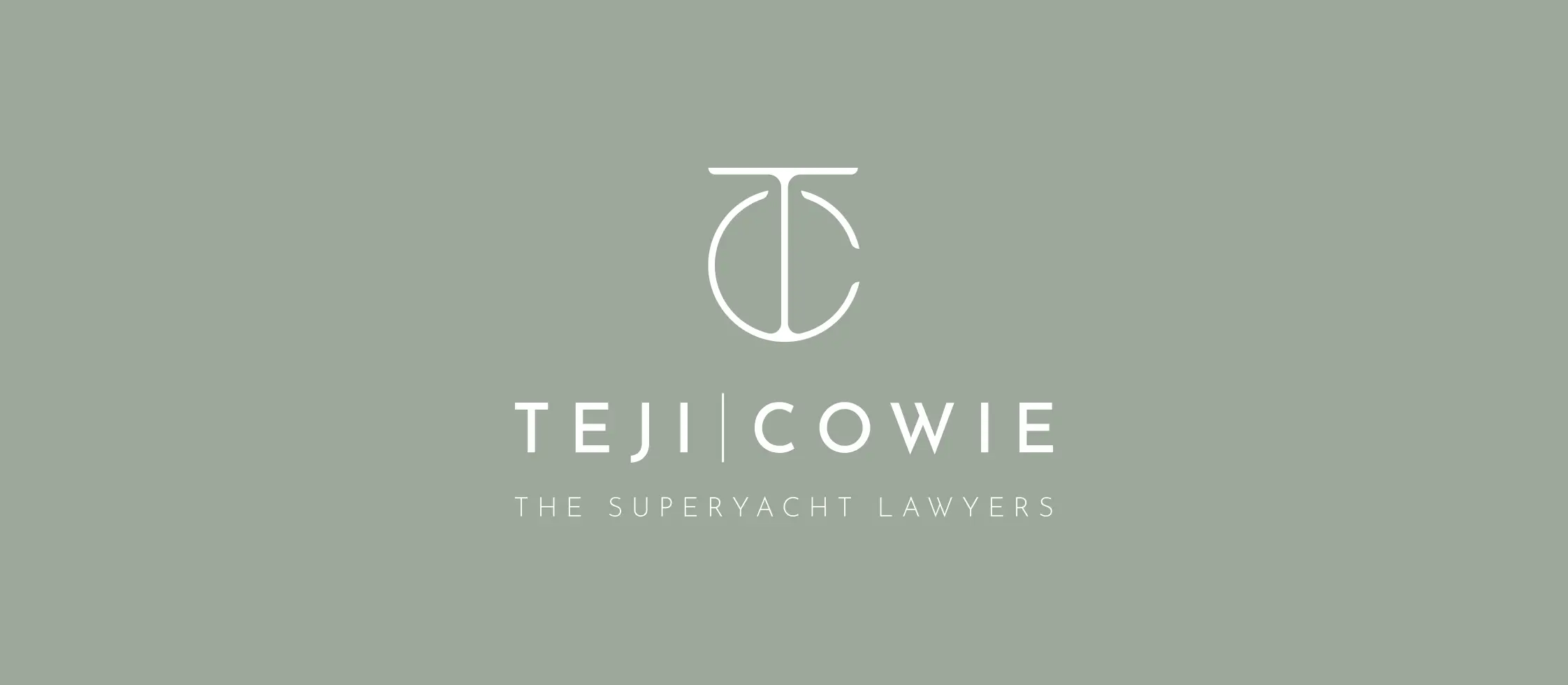 Teji | Cowie logo featuring the TC monogram, wordmark, and the tagline ‘The Superyacht Lawyers’ on a sage green background